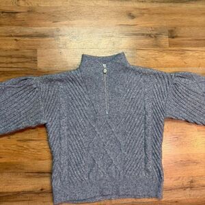 Quarter Zip Chic Blue Gray Cabled Sweater w/ Pearl Zipper Detail Coastal Grandma